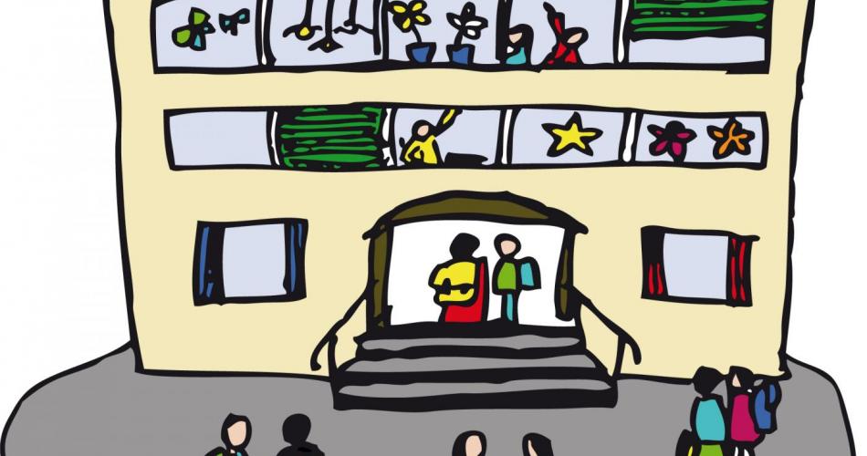 Schulhaus mit Kindern - Clipart